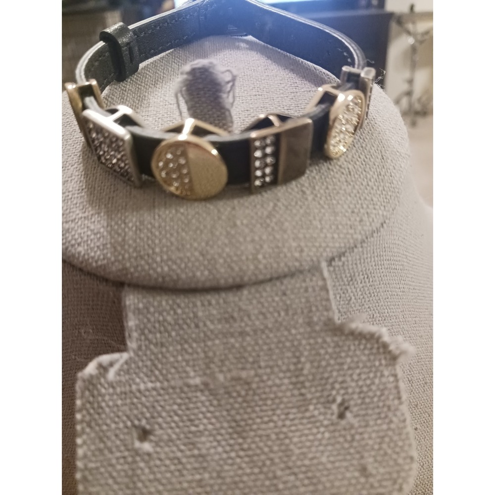 Mixed Metal Rhinestone Geometric Black Leather Buckle Wrap Bracelet TC Logo